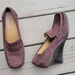 Vintage 90s y2k Brown Faux Vegan Suede Wedge Heel Square Toe Punk Penny Loafers